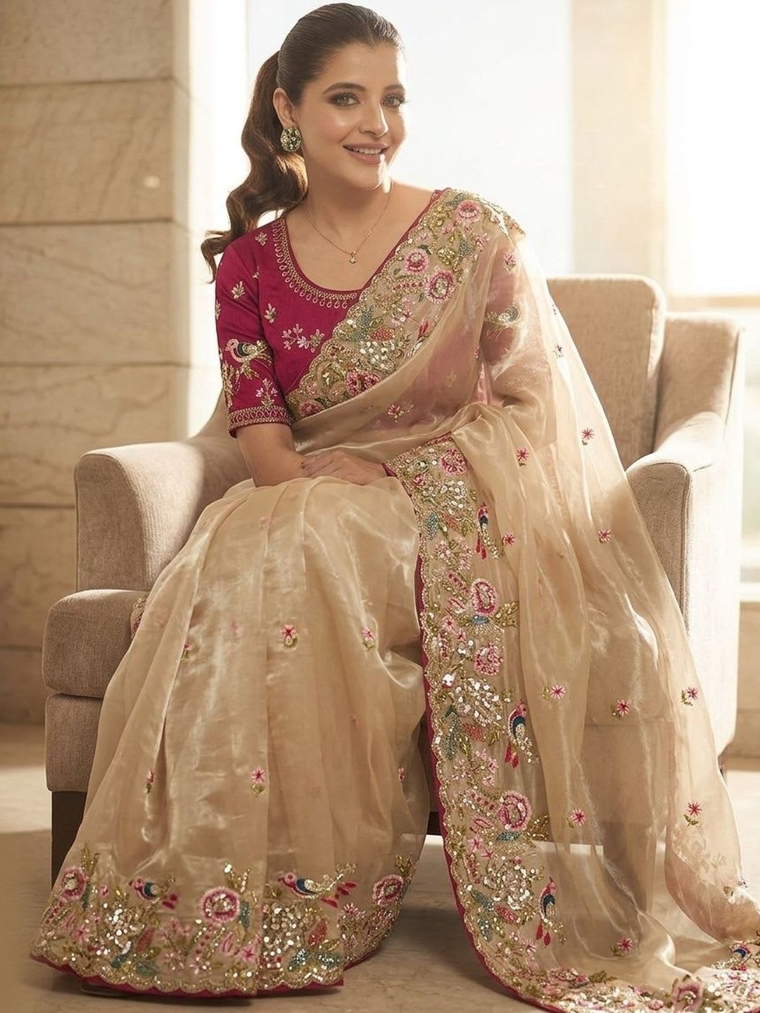 Kalista Floral Embroidered Organza Saree - left view