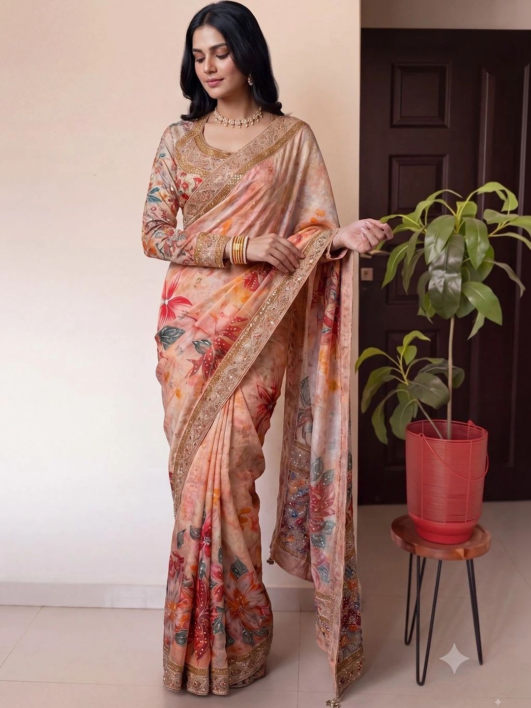 THE THIRD LABEL Floral Mirror Work Poly Chiffon Fusion Saree - default view