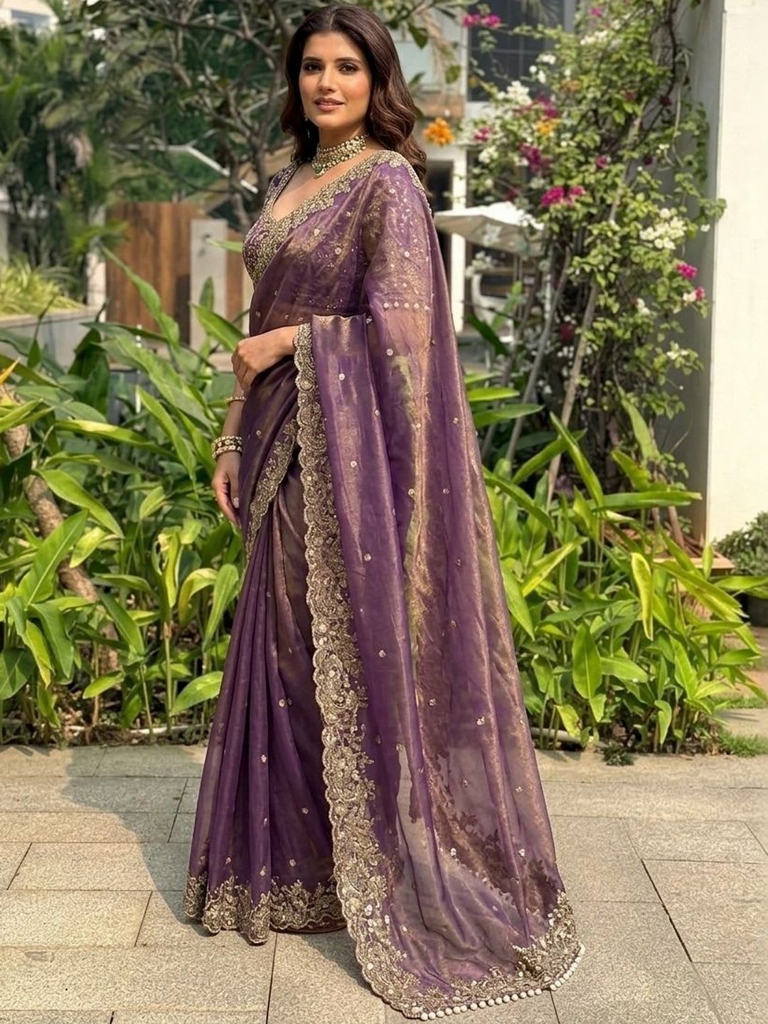KALINI Embellished Embroidered Satin Heavy Work Saree - back view