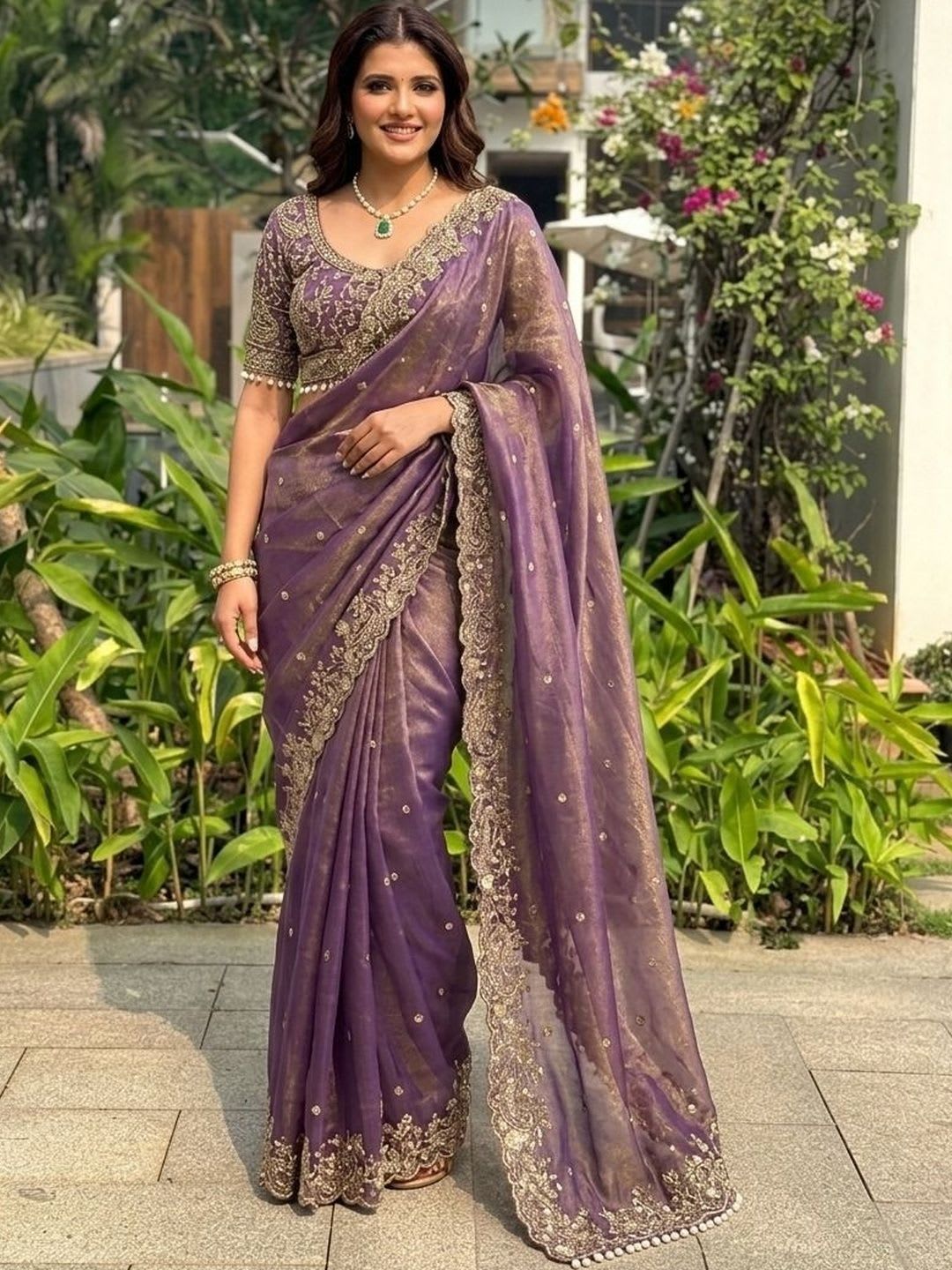 KALINI Embellished Embroidered Satin Heavy Work Saree - left view
