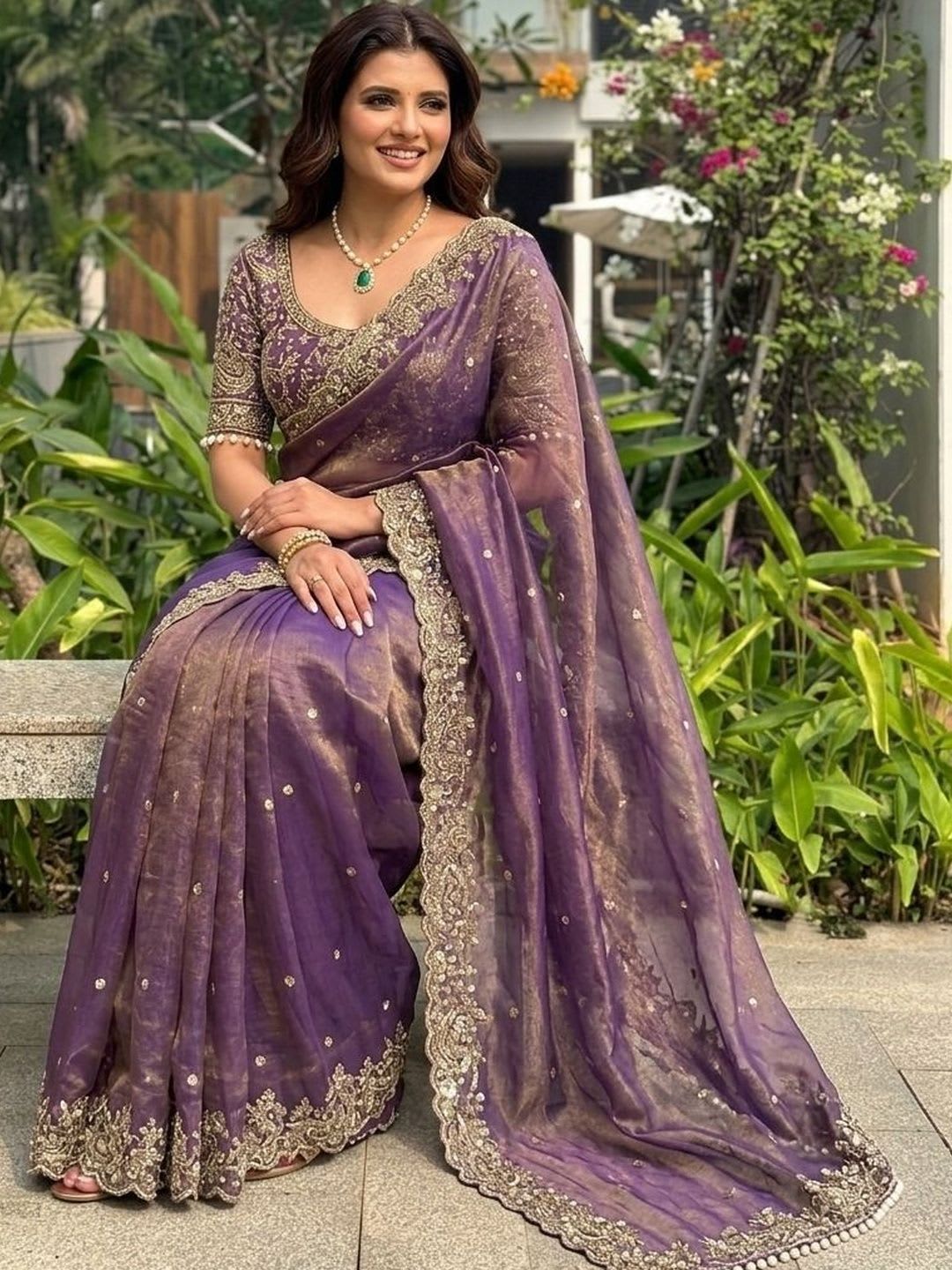 KALINI Embellished Embroidered Satin Heavy Work Saree - right view