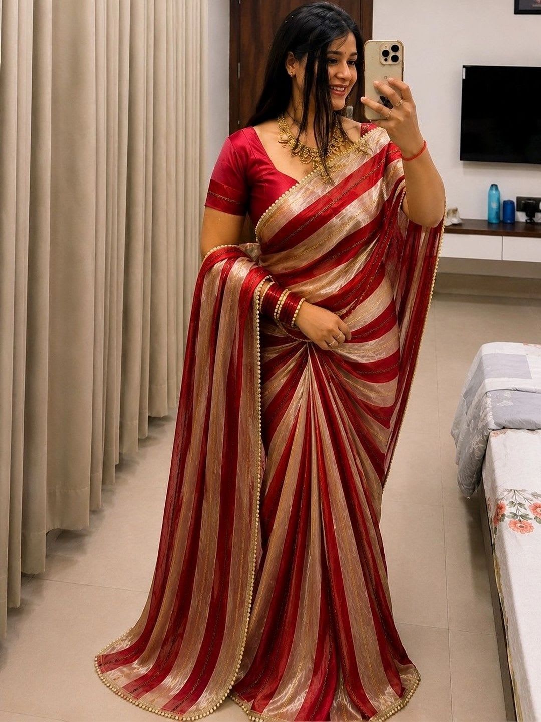 Lapetiya Clothing Women Striped Mirror Work Tissue Designer Saree - default view