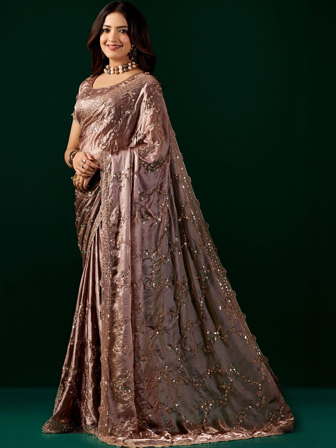 KANYAARI Nakhrali Rose Gold Satin Saree With Cutdana and Beads Work - left view