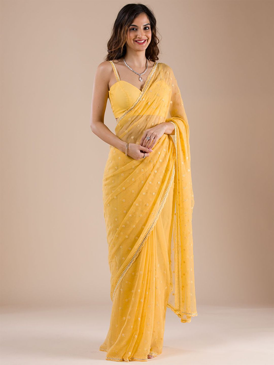Koskii Women Threadwork Mustard Chiffon Saree With Unstitched Blouse - default view