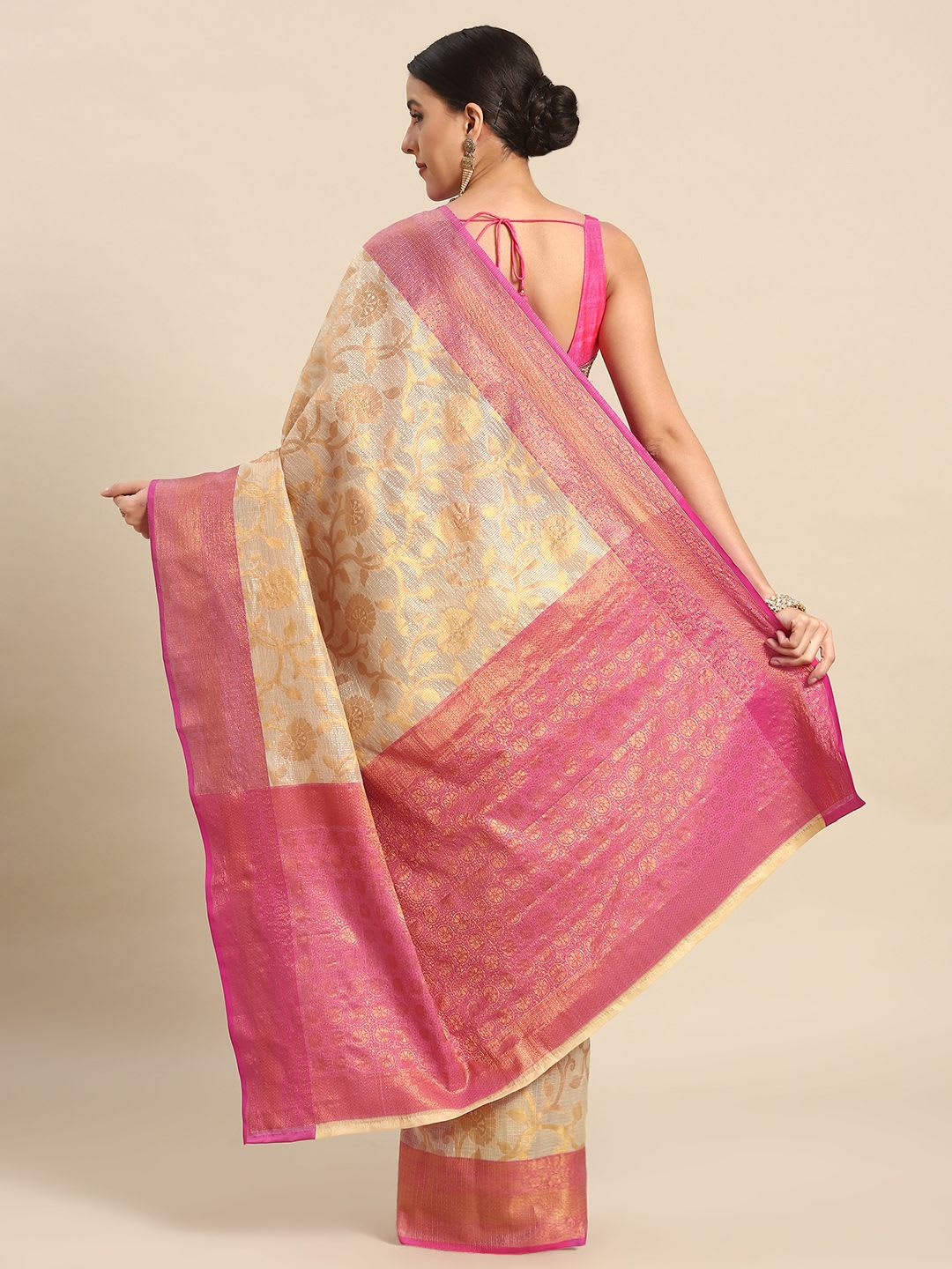 Silk Land Floral Zari Tissue Mysore Silk Saree - back view
