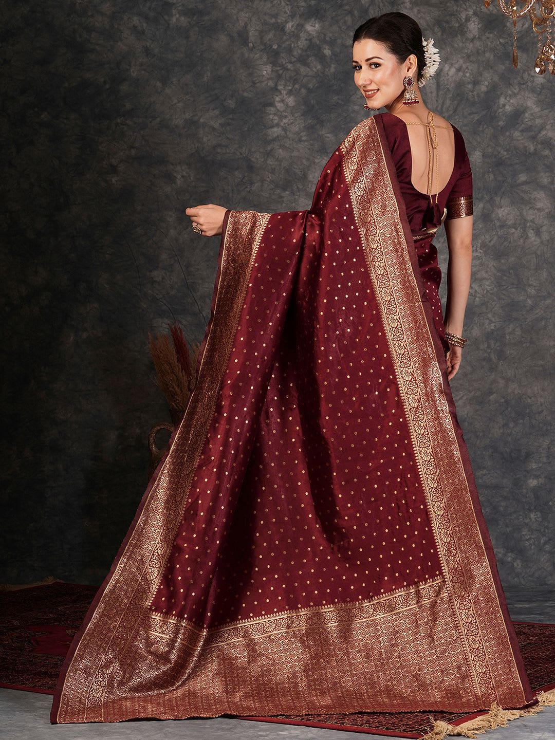 KALINI Ethnic Motifs Woven Design Zari Banarasi Saree - back view