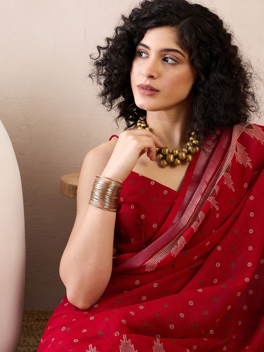 Anouk Rustic Zari Linen Blend Ready to Wear Bagru Saree - back view