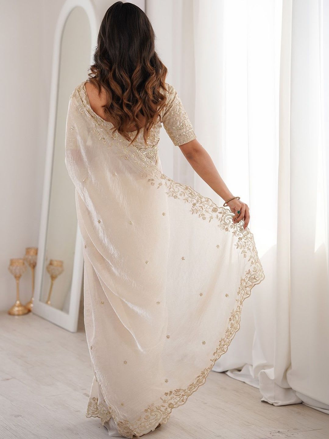 Anouk Embellished Zari Satin Heavy Work Saree - back view