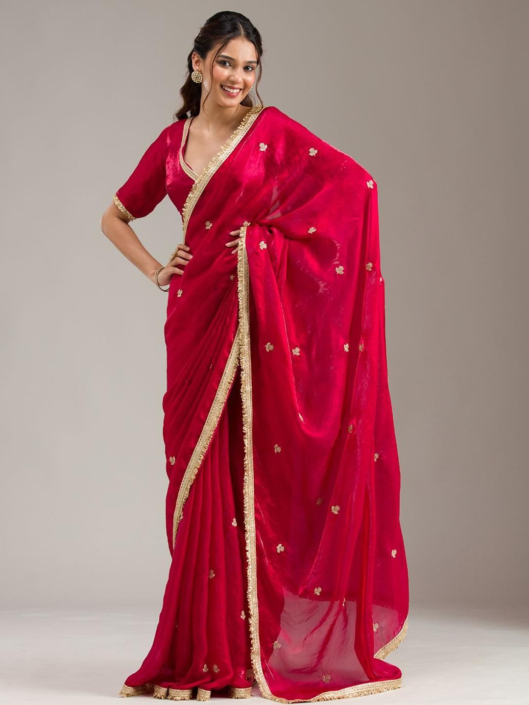 Koskii Women Zariwork Maroon Tissue Saree With Unstitched Blouse - default view