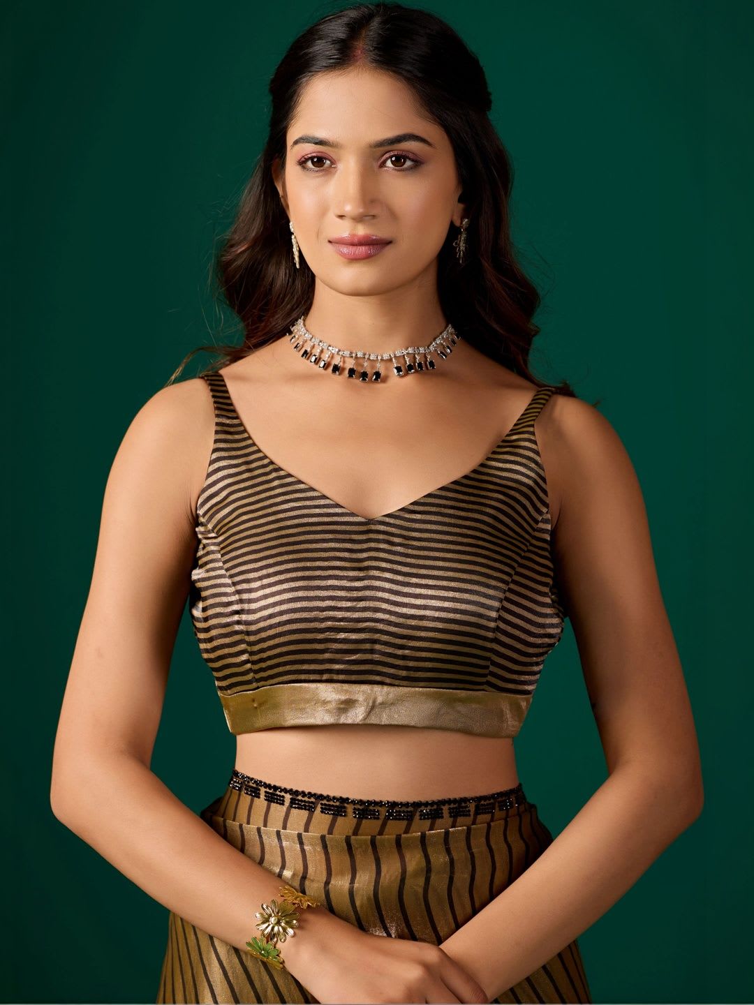 KIYAA FASHION Striped Beads and Stones Organza Saree - left view