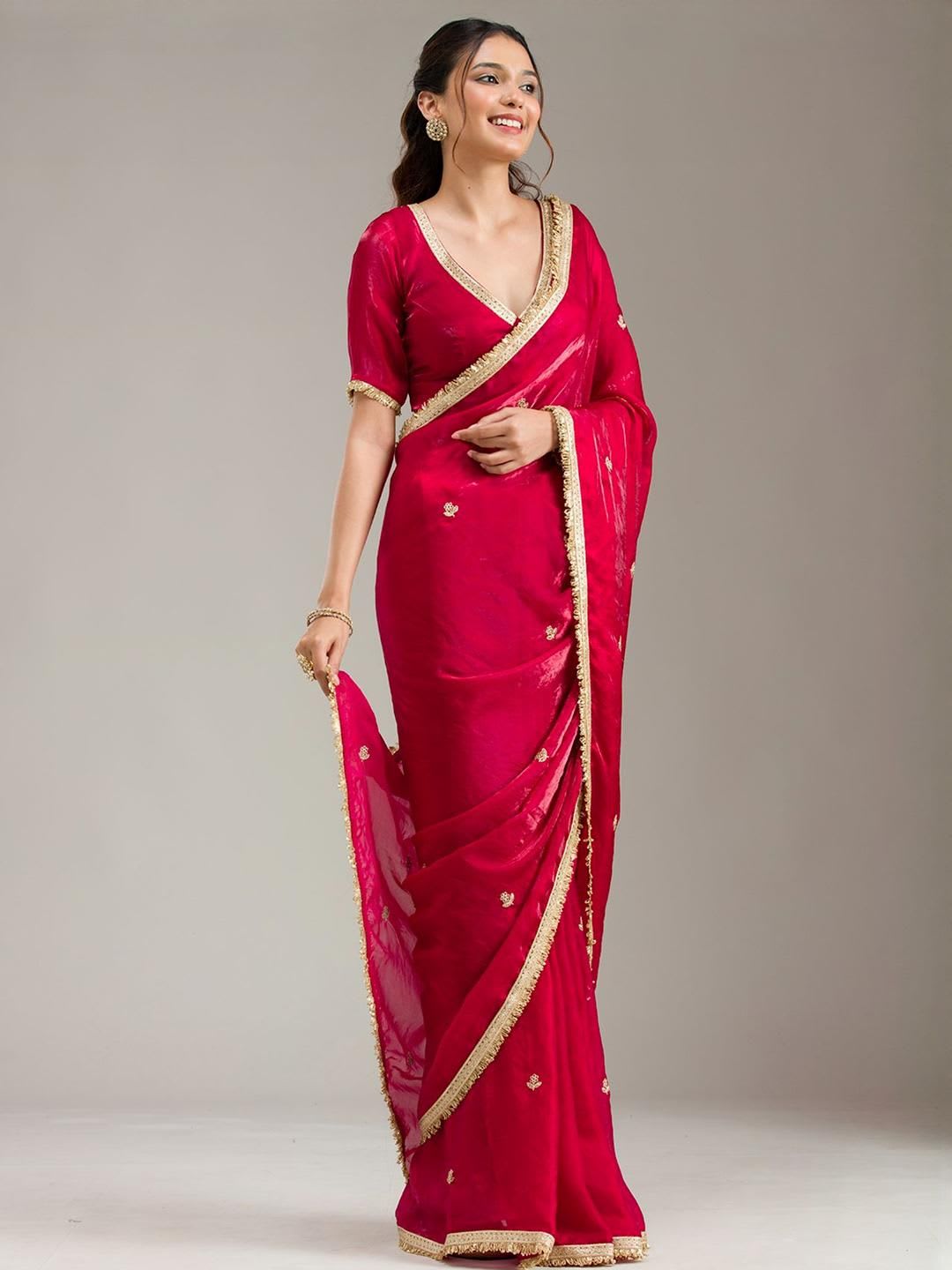 Koskii Women Zariwork Maroon Tissue Saree With Unstitched Blouse - back view