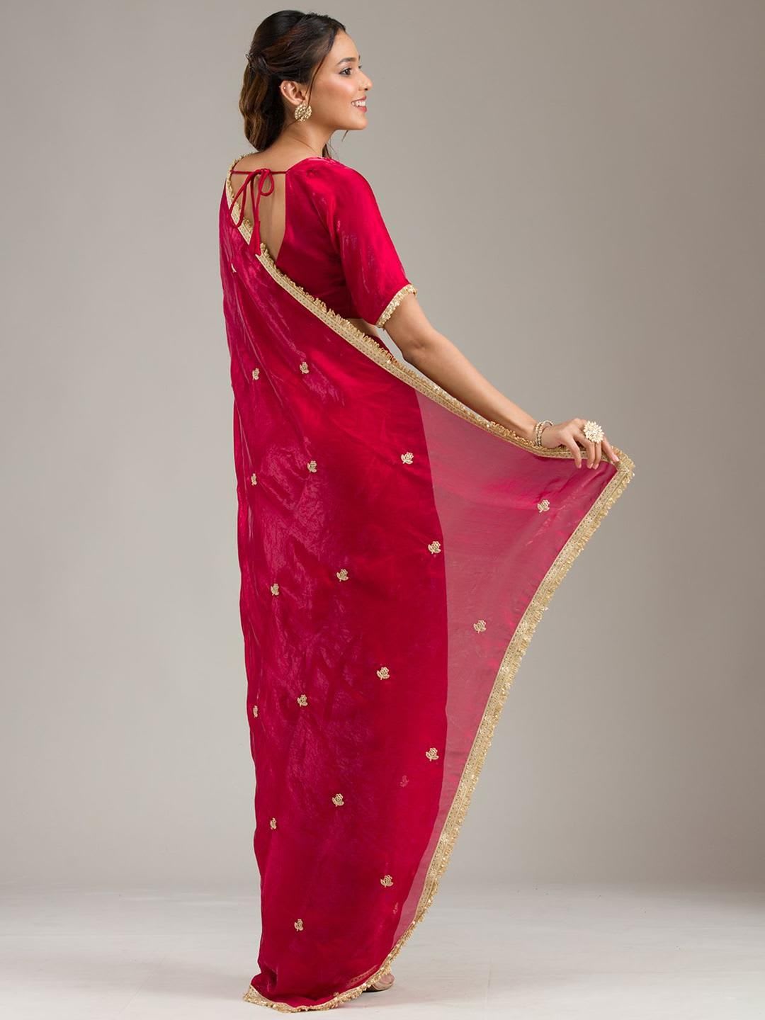 Koskii Women Zariwork Maroon Tissue Saree With Unstitched Blouse - right view
