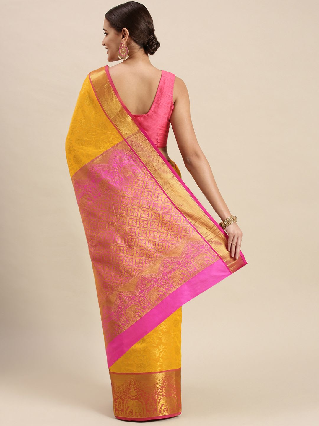 Royal Rajgharana Saree Yellow & Gold Floral Zari Silk Blend Celebrity Banarasi Sarees - back view
