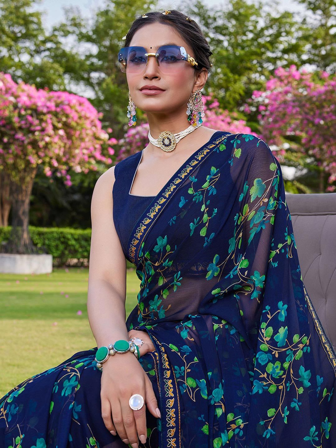 KALINI Women Blue Floral Pure Chiffon Saree - default view