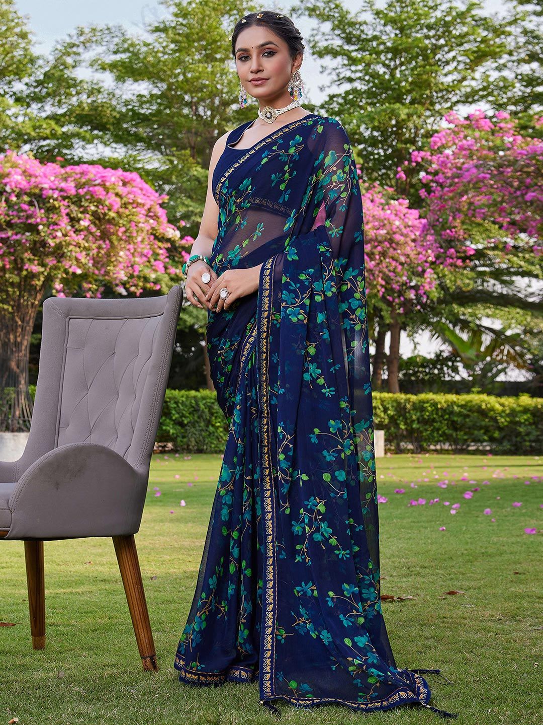 KALINI Women Blue Floral Pure Chiffon Saree - back view