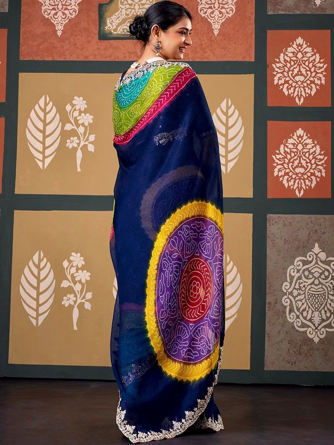 Satrani Tie and Dye Embroidered Pure Chiffon Fusion Bandhani Saree - back view