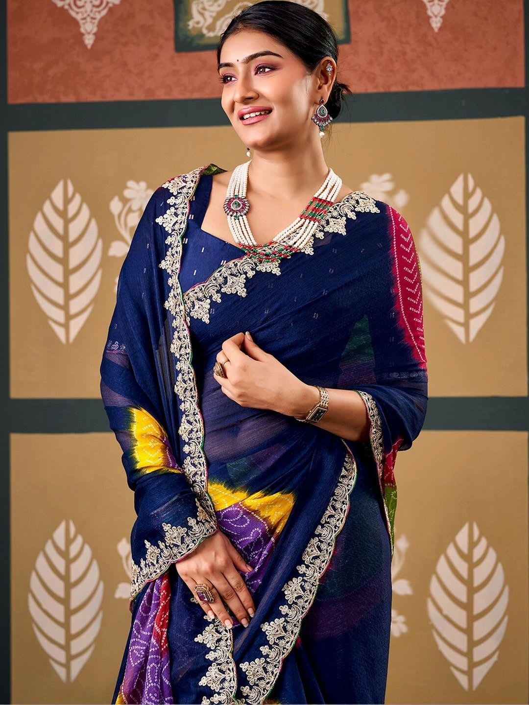 Satrani Tie and Dye Embroidered Pure Chiffon Fusion Bandhani Saree - left view