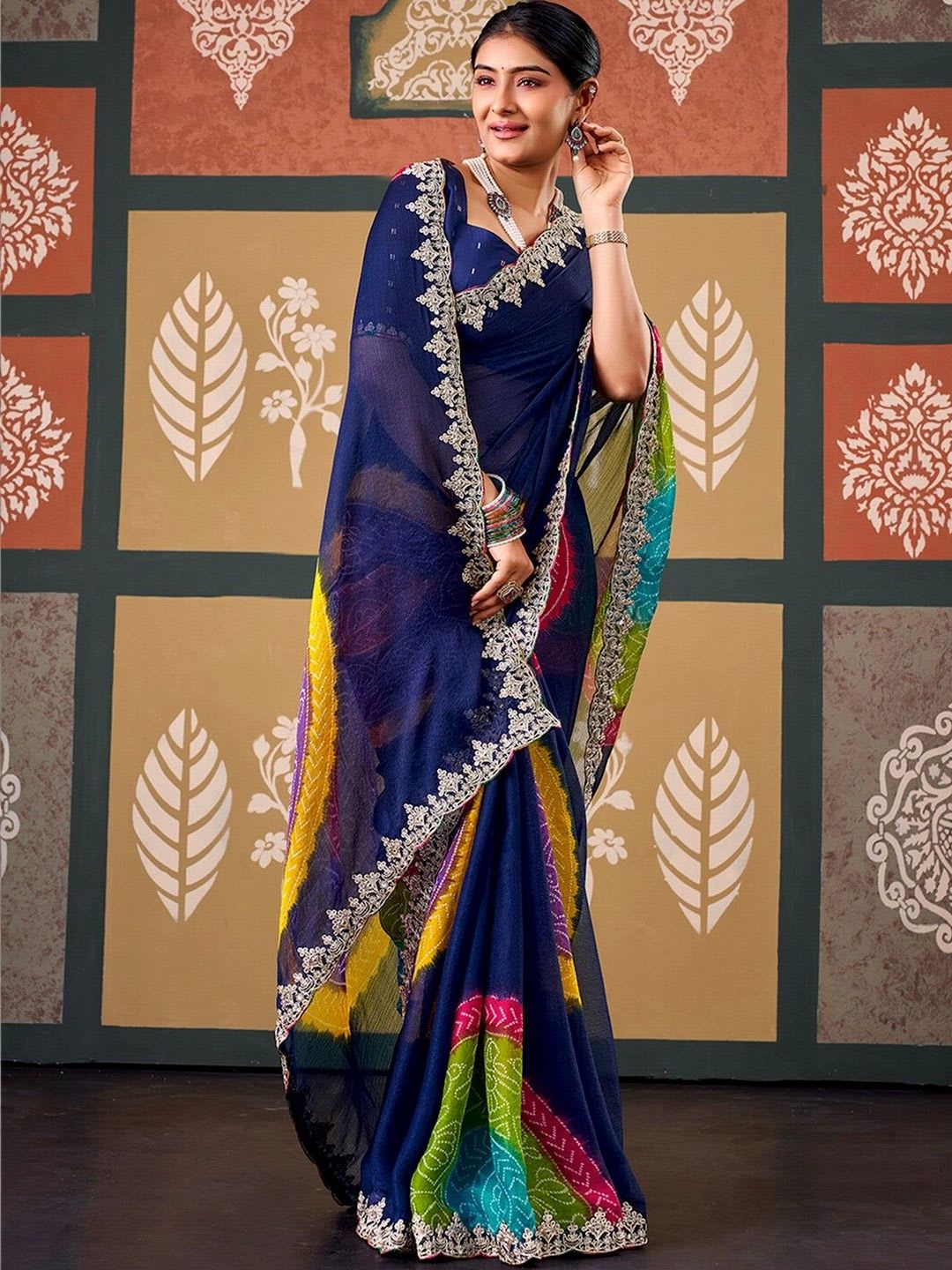 Satrani Tie and Dye Embroidered Pure Chiffon Fusion Bandhani Saree - default view