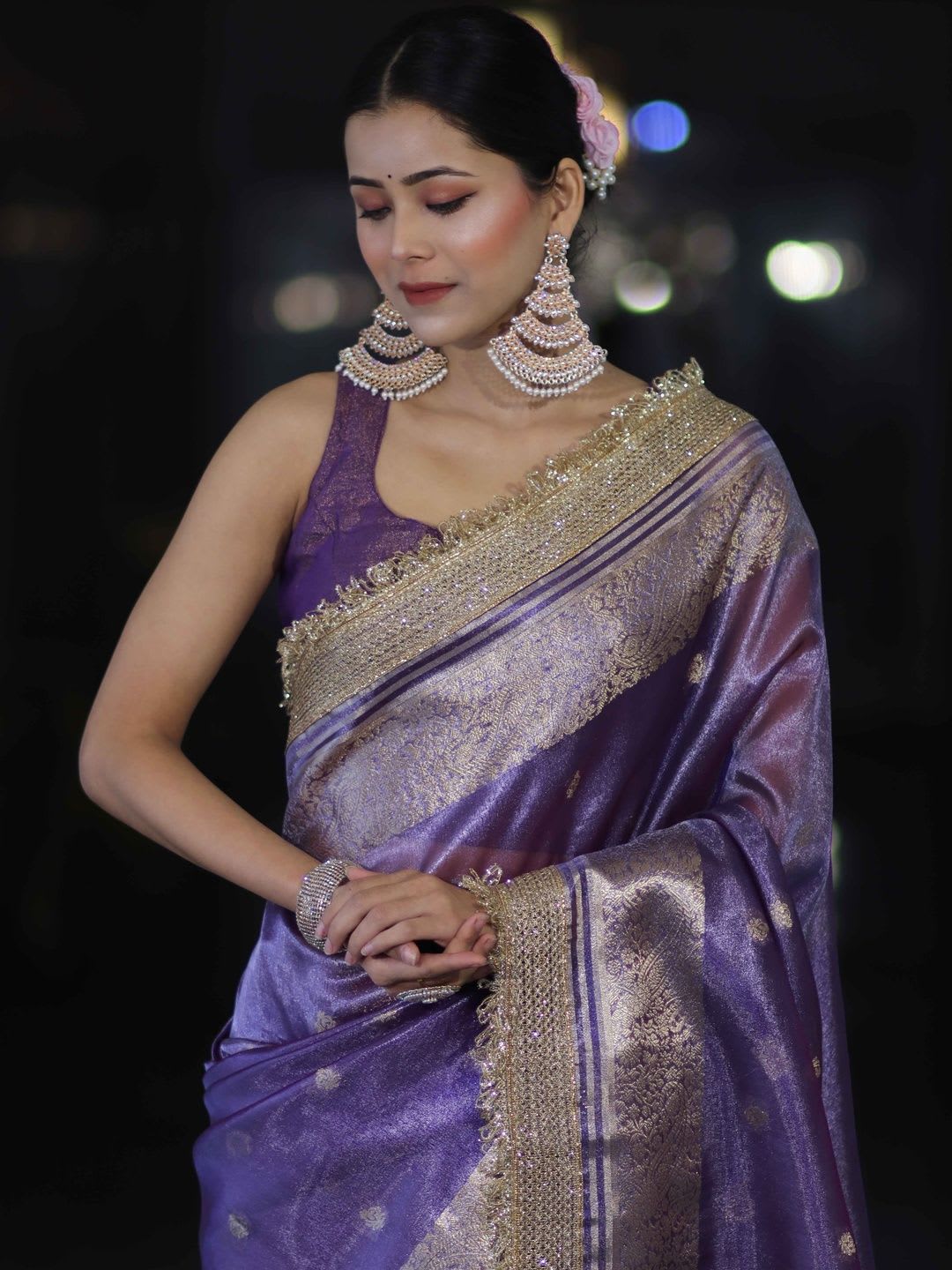 Banarasee Ethnic Motifs Zari Tissue Banarasi Saree - left view