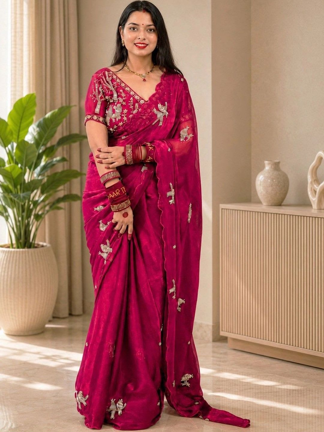 R K ENTERPRISE Embroidered Satin Saree - default view