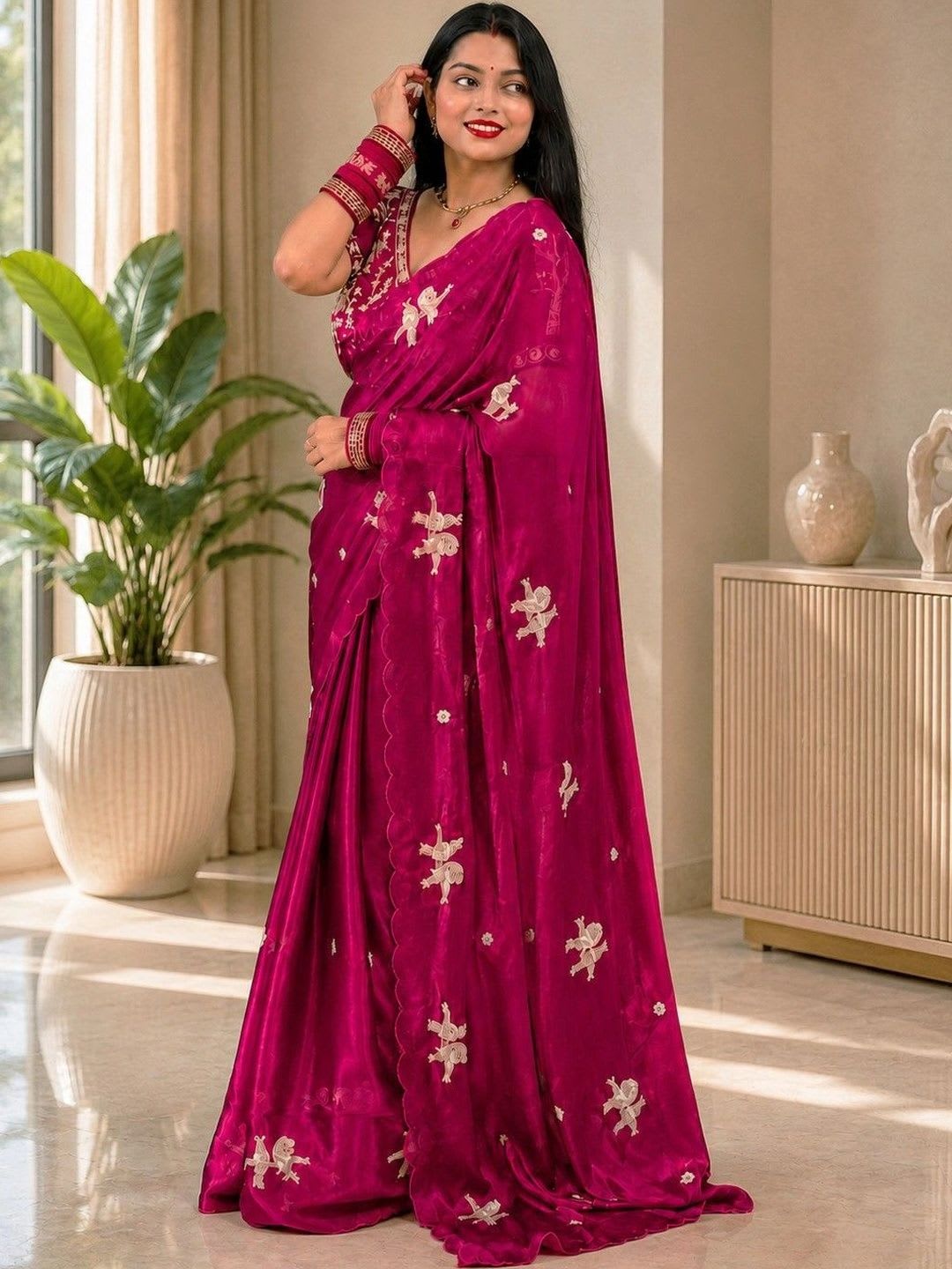 R K ENTERPRISE Embroidered Satin Saree - back view