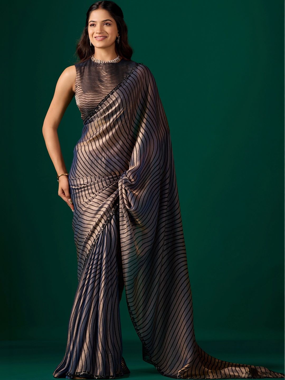 KIYAA FASHION Striped Beads and Stones Organza Saree - default view