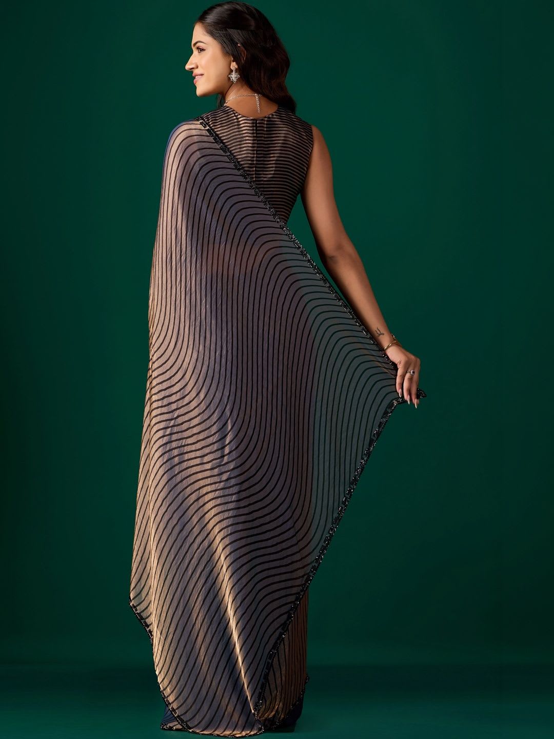 KIYAA FASHION Striped Beads and Stones Organza Saree - left view