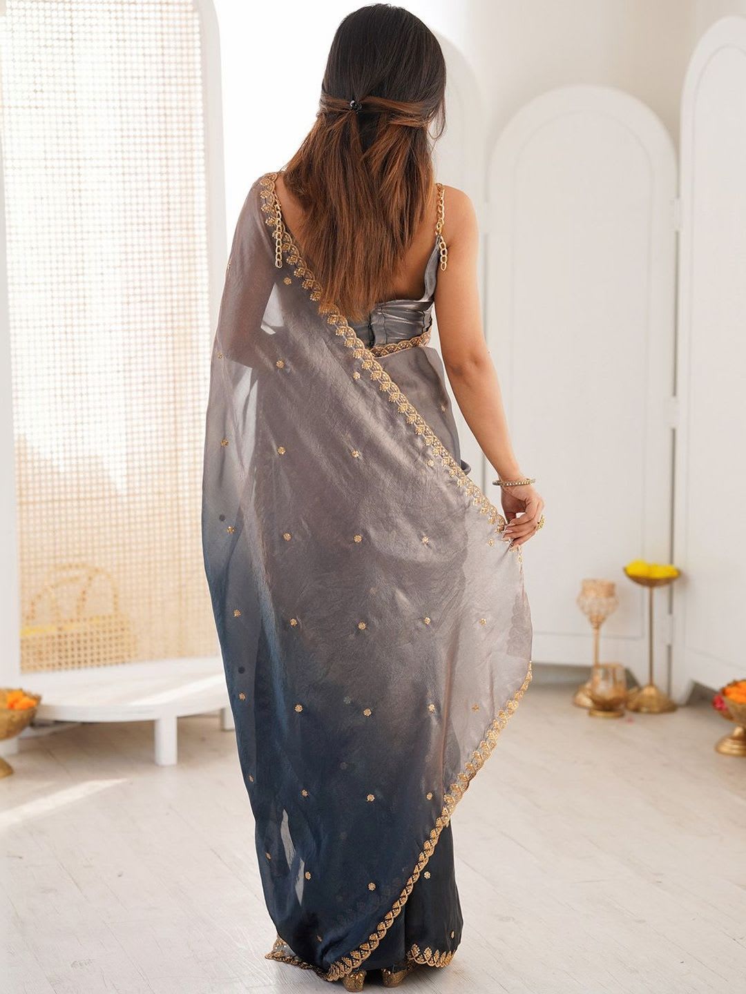 Anouk Embellished Zari Tissue Heavy Work Saree - back view