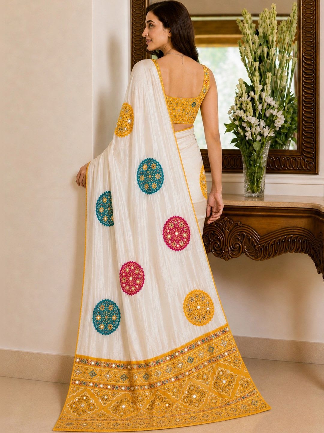 Sangria Embellished Mirror Work Poly Crepe Designer Saree - left view