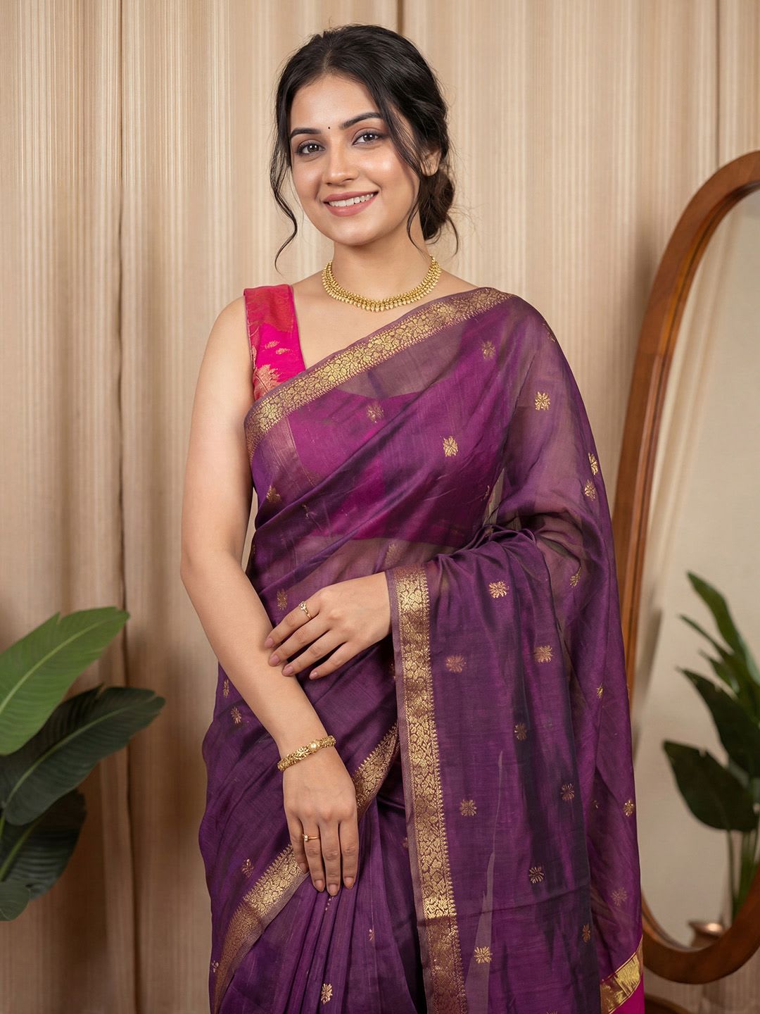 KALINI Woven Design Zari Silk Cotton Maheshwari Saree - left view
