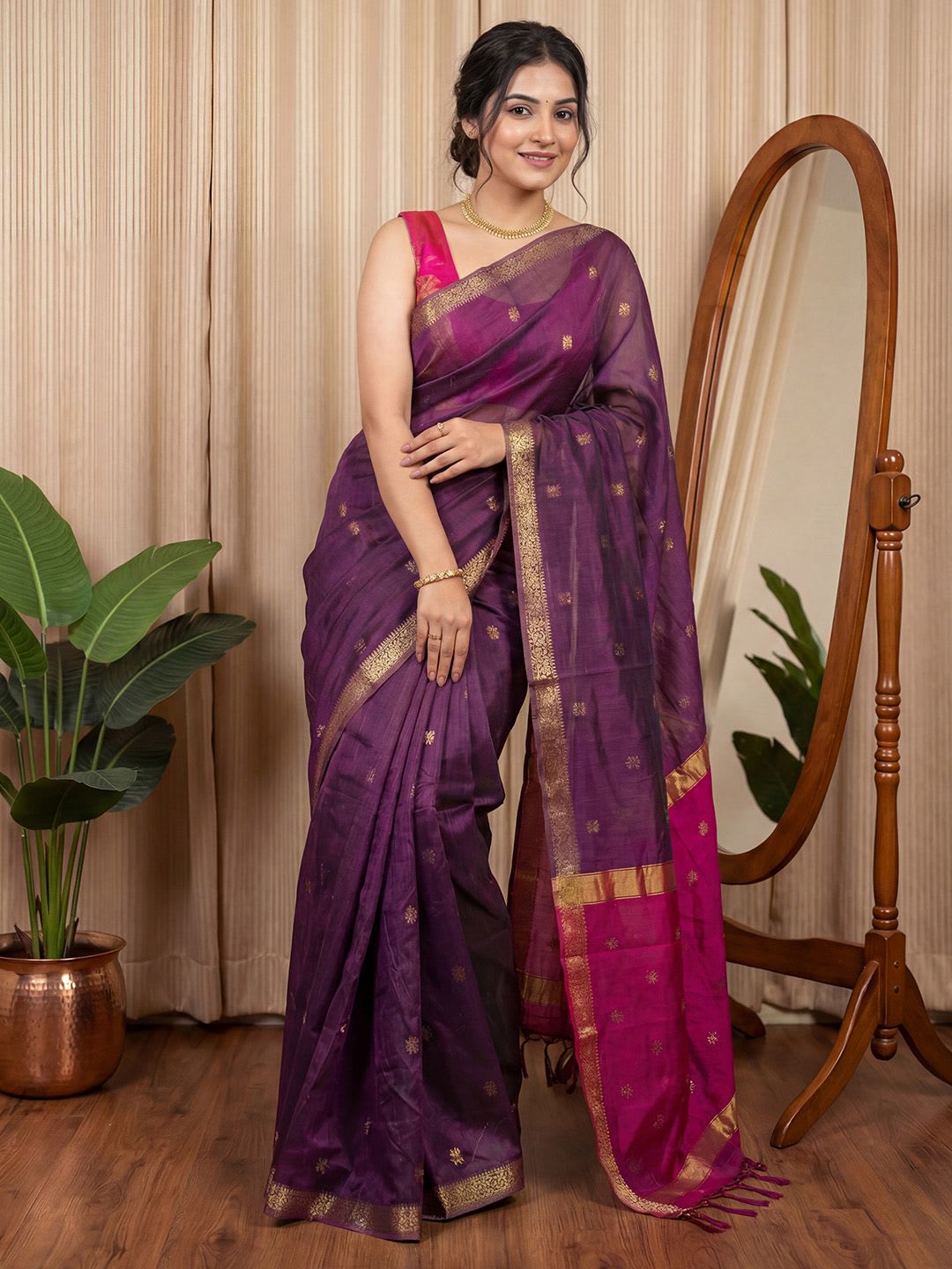 KALINI Woven Design Zari Silk Cotton Maheshwari Saree - right view
