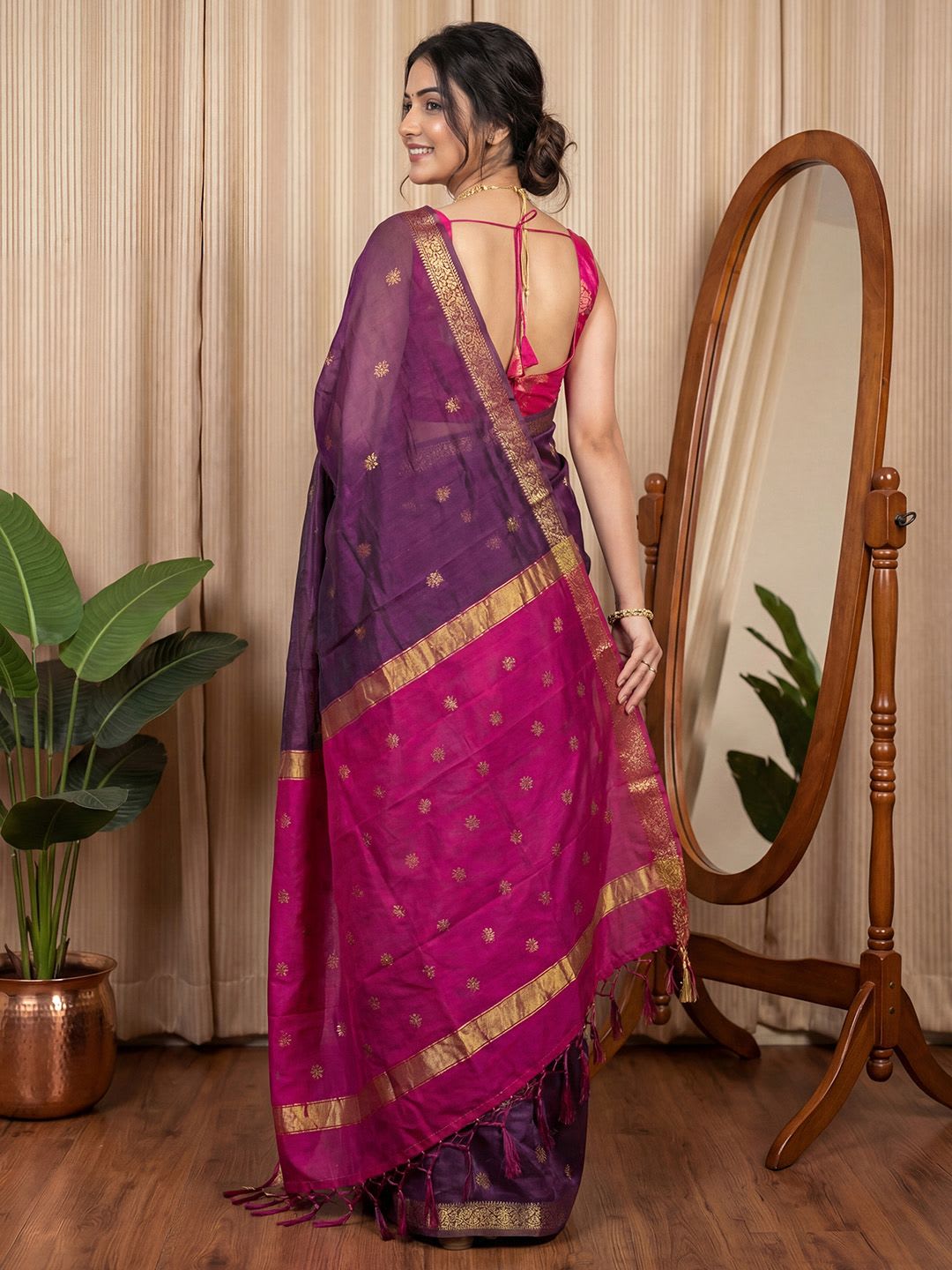 KALINI Woven Design Zari Silk Cotton Maheshwari Saree - back view