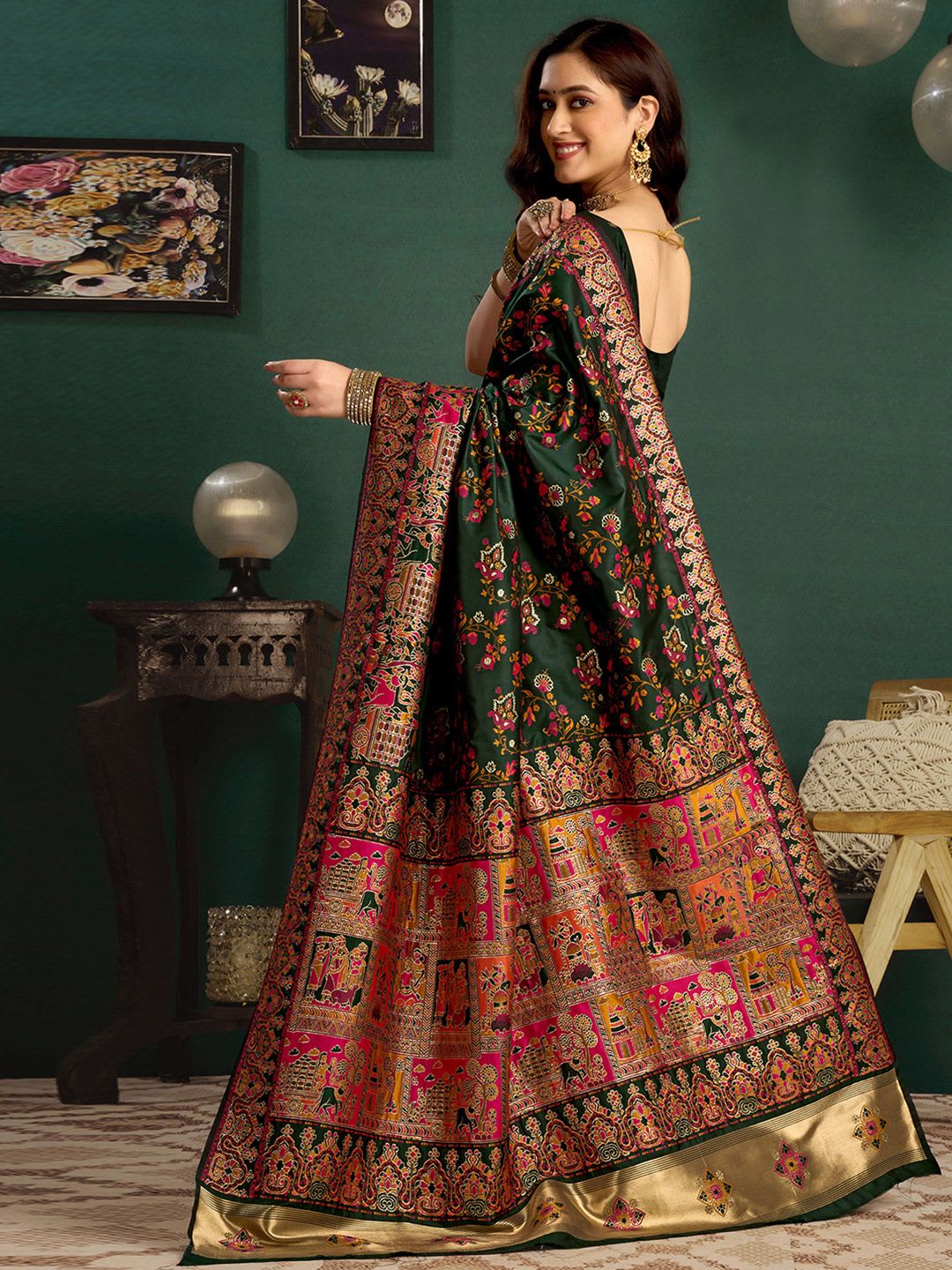 Sangria Woven Design Printed Saree With Blouse - back view