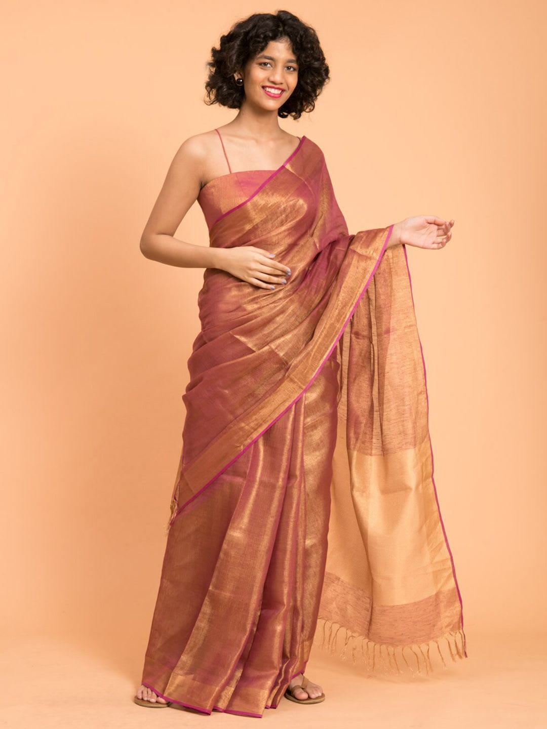 Suta Pink & Gold-Toned Solid Zari Pure Linen Saree - default view
