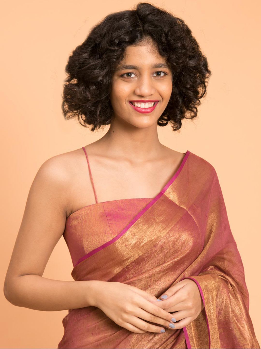 Suta Pink & Gold-Toned Solid Zari Pure Linen Saree - left view