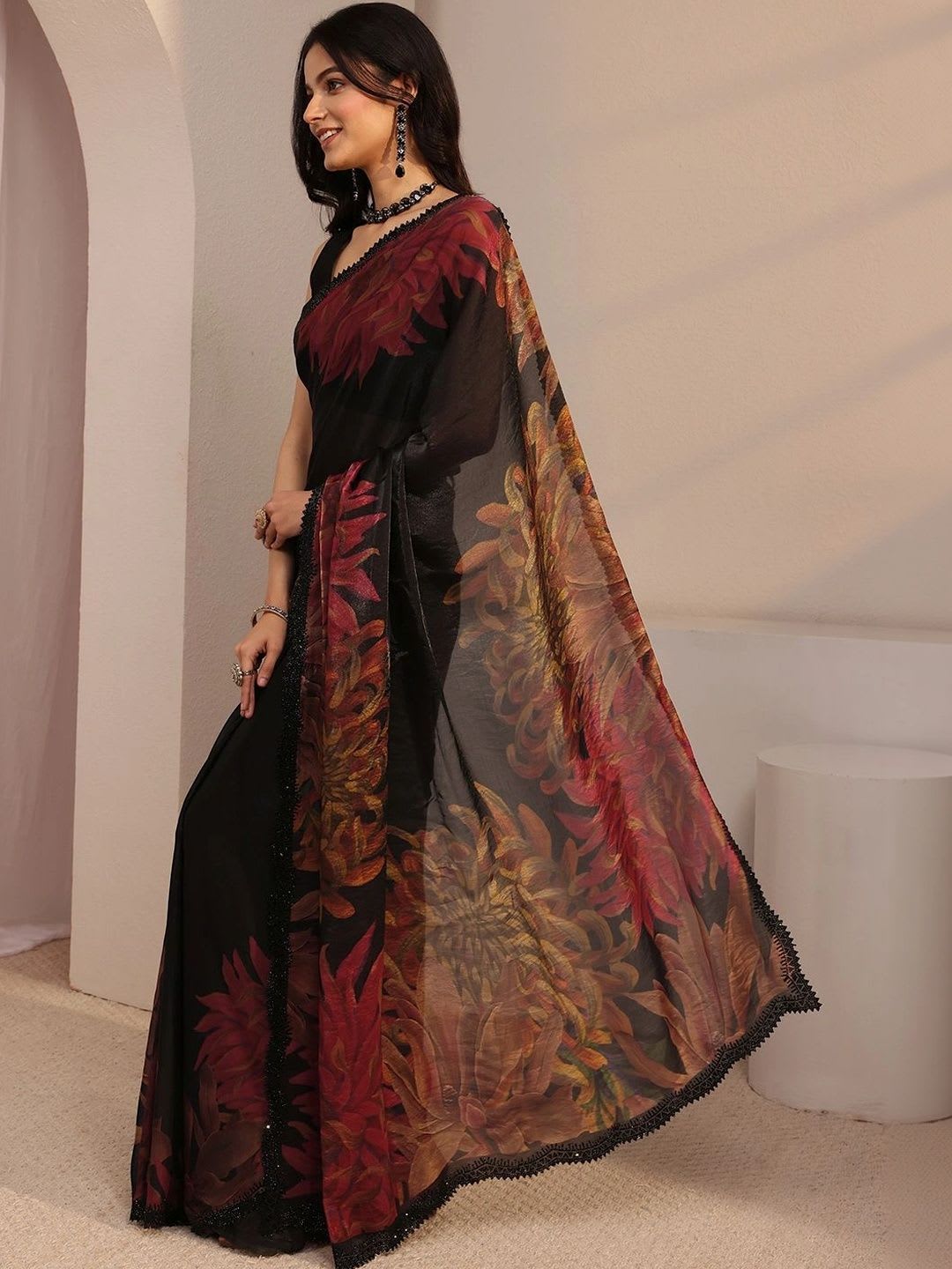 Libas Floral Beads and Stones Satin Saree - back view