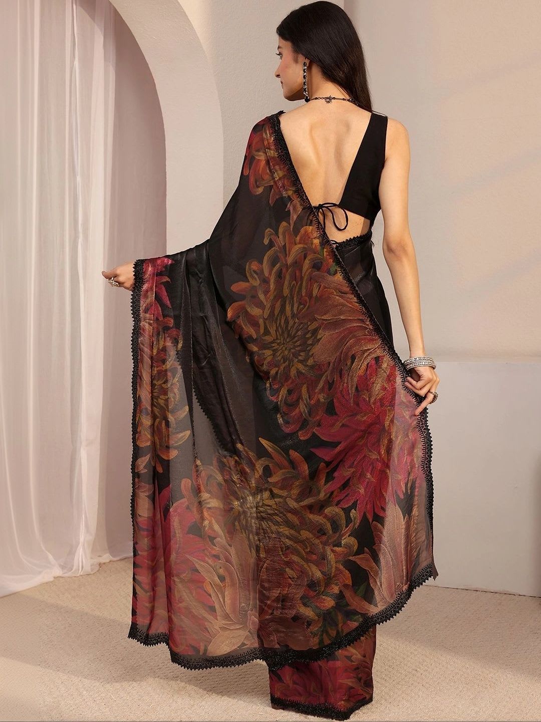 Libas Floral Beads and Stones Satin Saree - right view