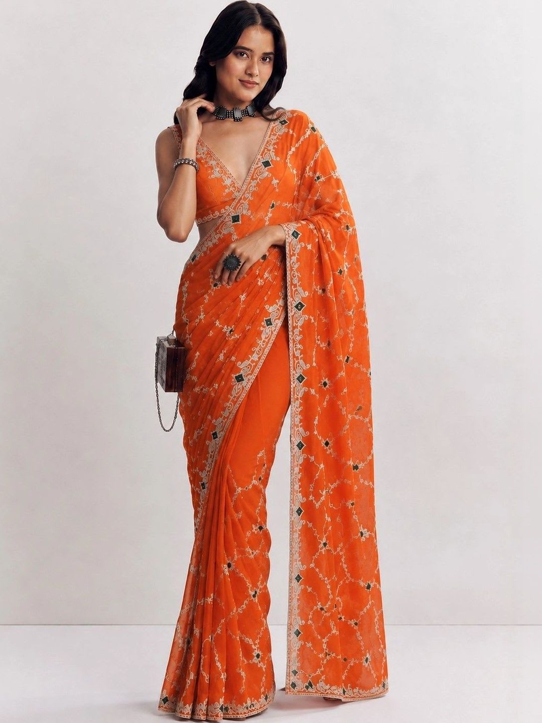 KALINI Ethnic Motifs Embroidered Satin Heavy Work Saree - back view