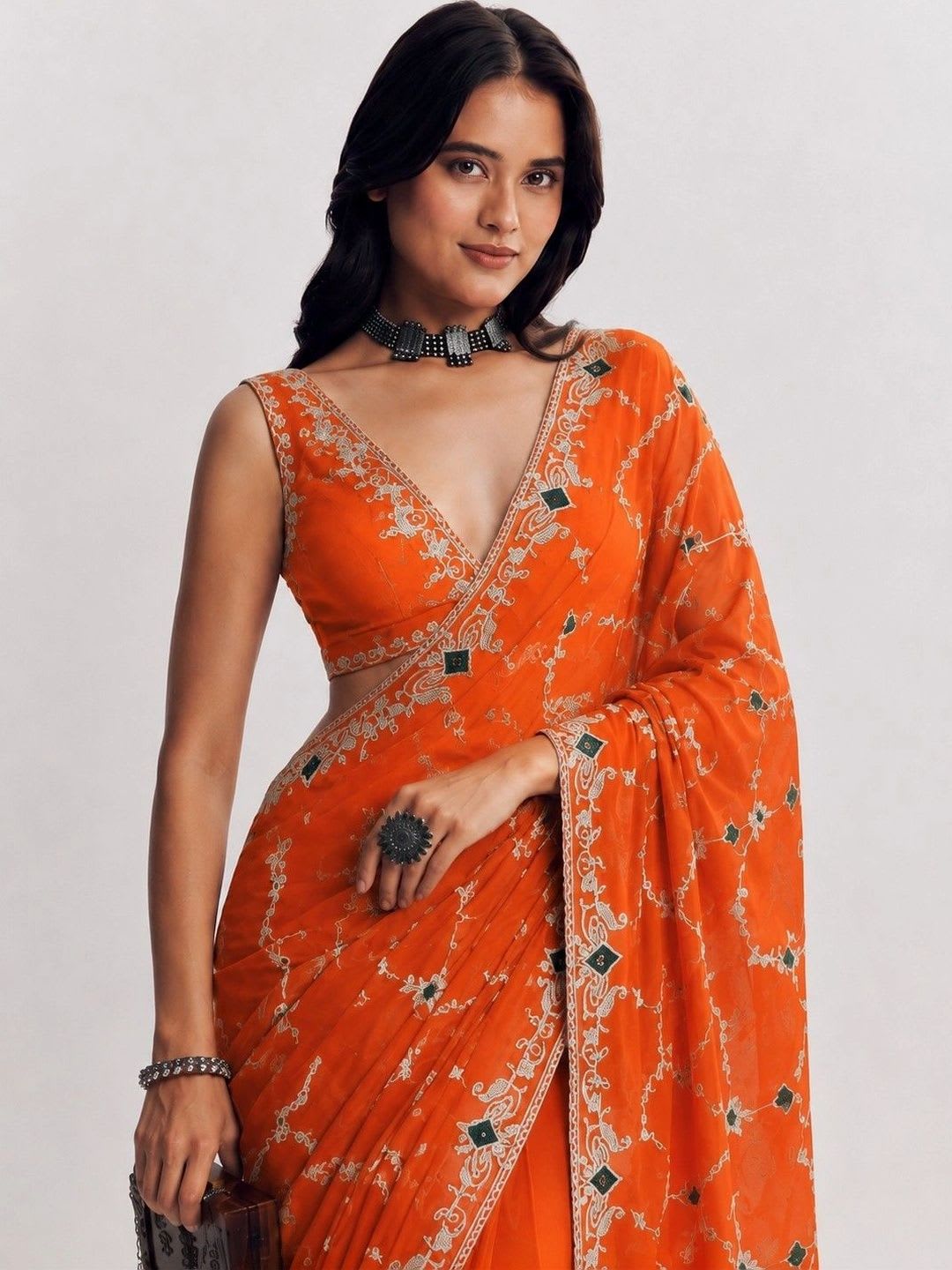 KALINI Ethnic Motifs Embroidered Satin Heavy Work Saree - left view