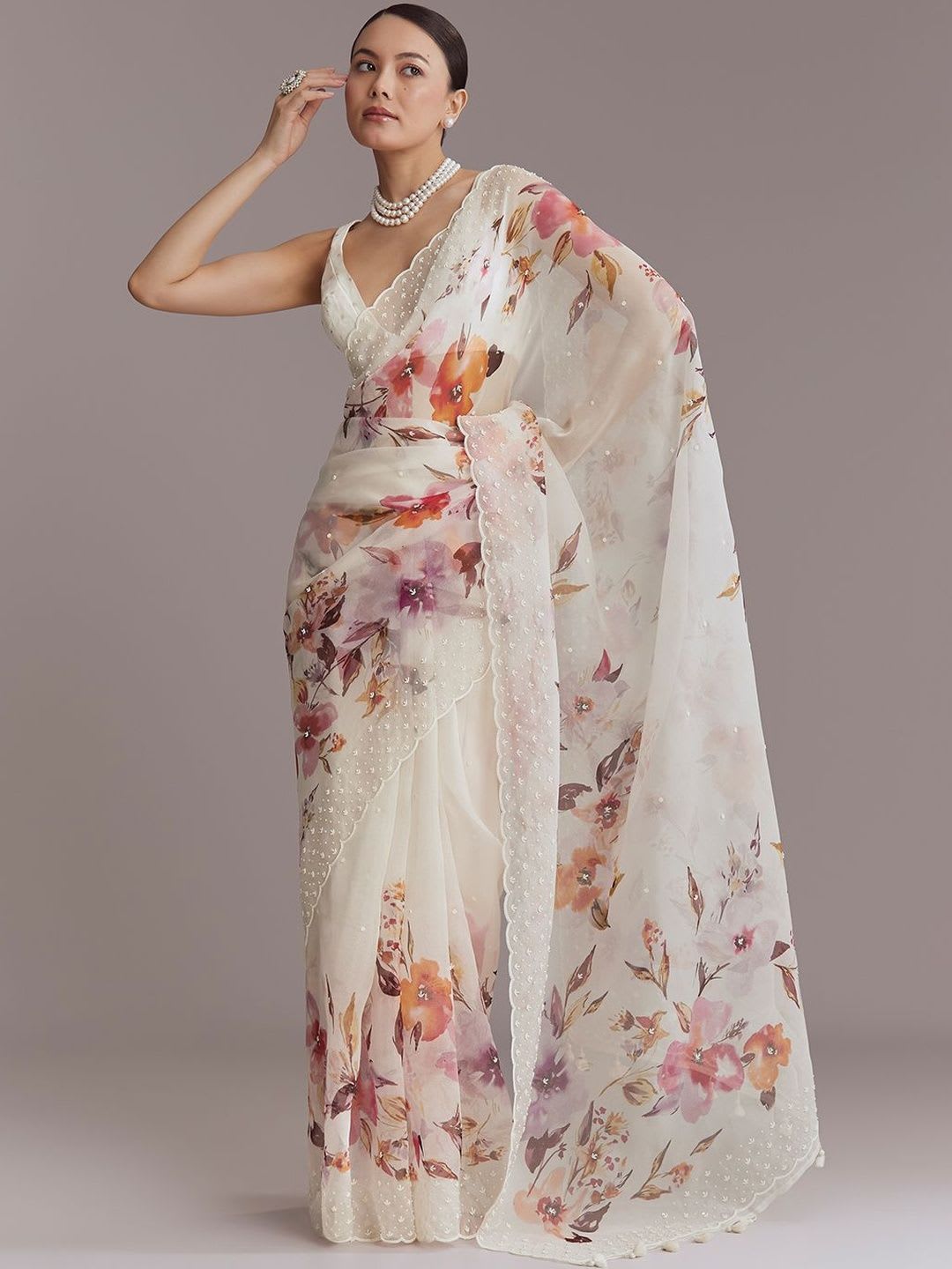 KALKI Fashion Floral Printed Sequinned Organza Saree - left view