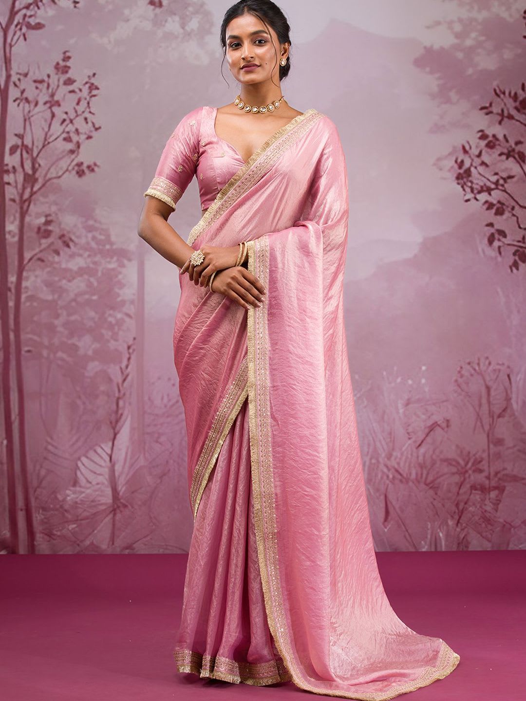 Koskii Women Cording Onion Pink Tissue Saree With Unstitched Blouse - default view