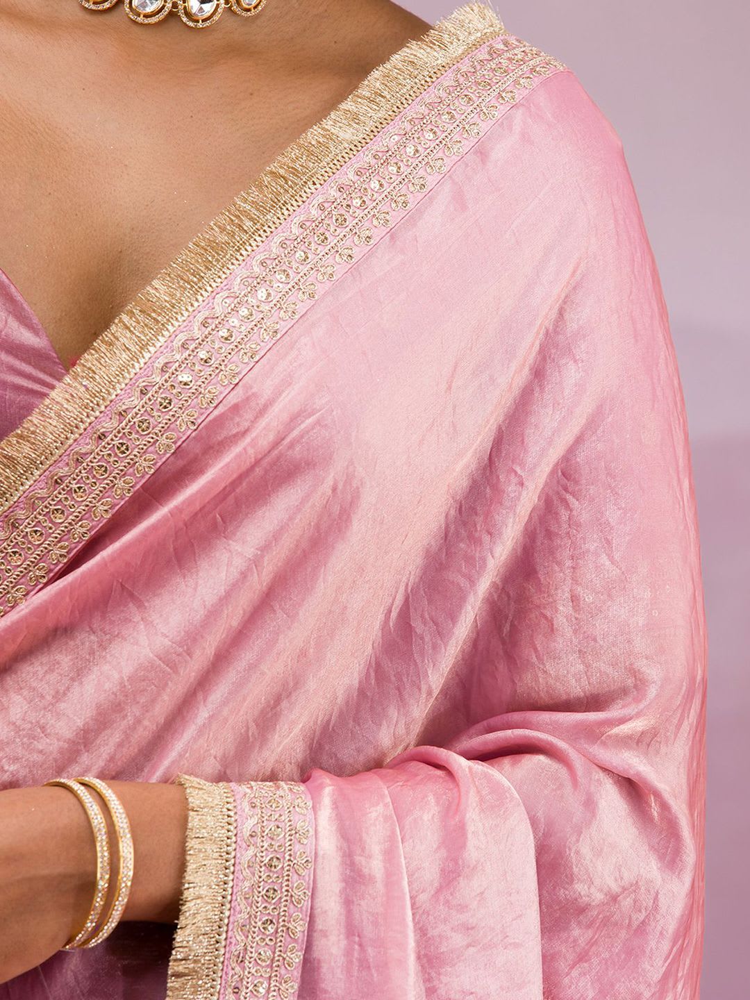 Koskii Women Cording Onion Pink Tissue Saree With Unstitched Blouse - left view