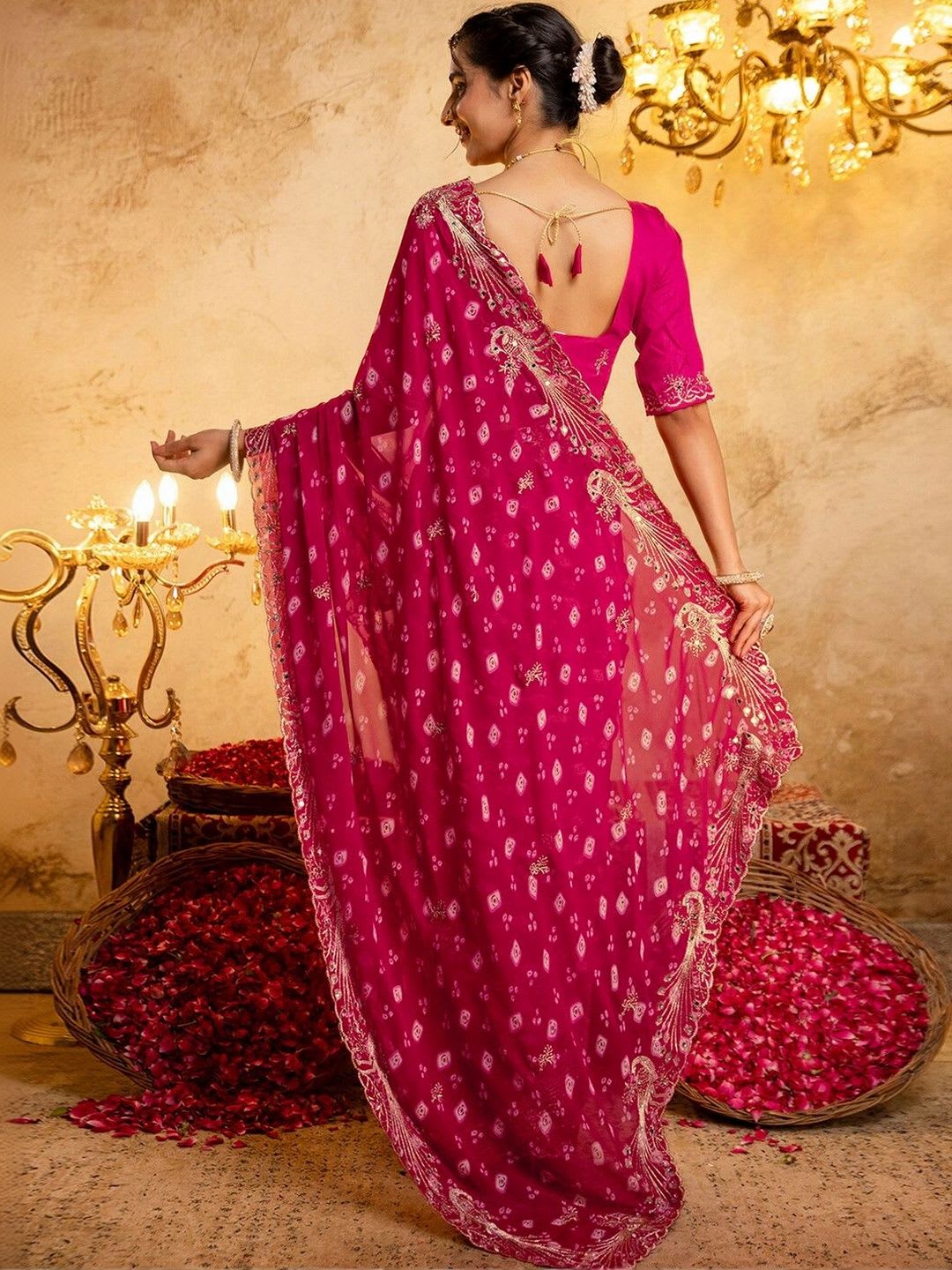 KALINI Bandhani Embroidered Pure Georgette Fusion Bandhani Saree - back view