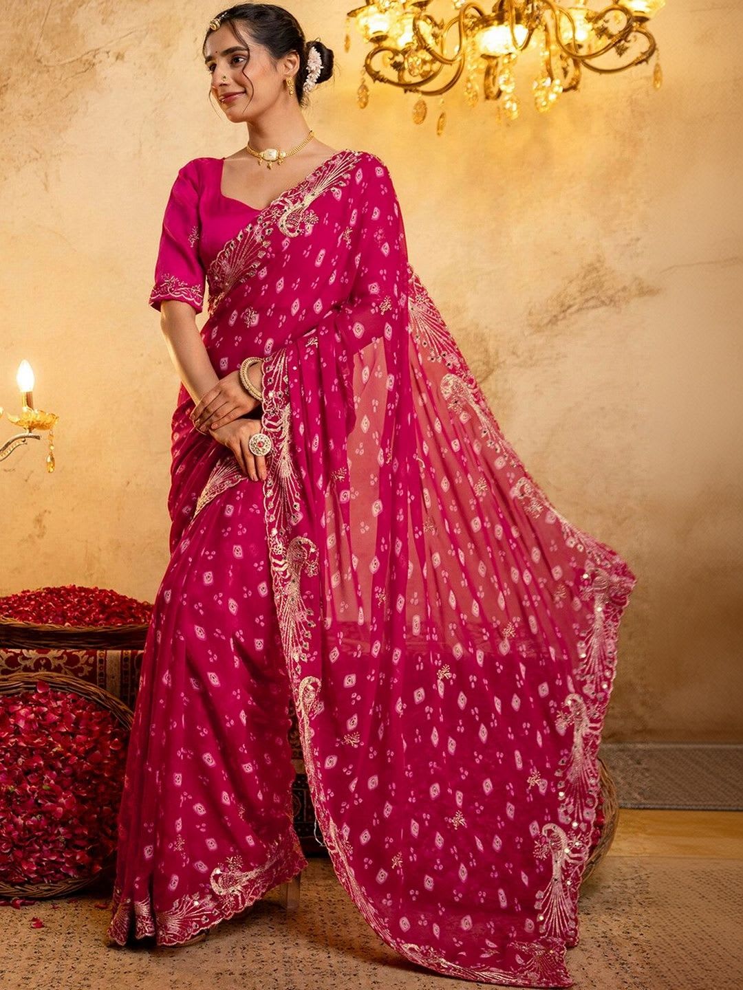 KALINI Bandhani Embroidered Pure Georgette Fusion Bandhani Saree - left view