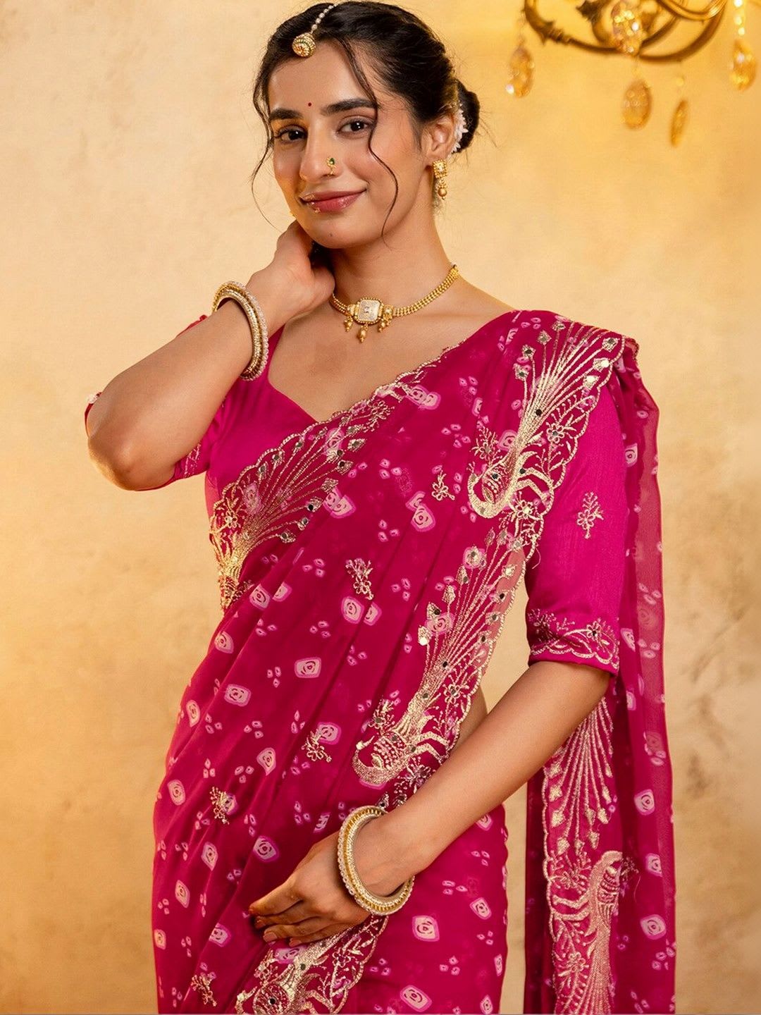 KALINI Bandhani Embroidered Pure Georgette Fusion Bandhani Saree - right view