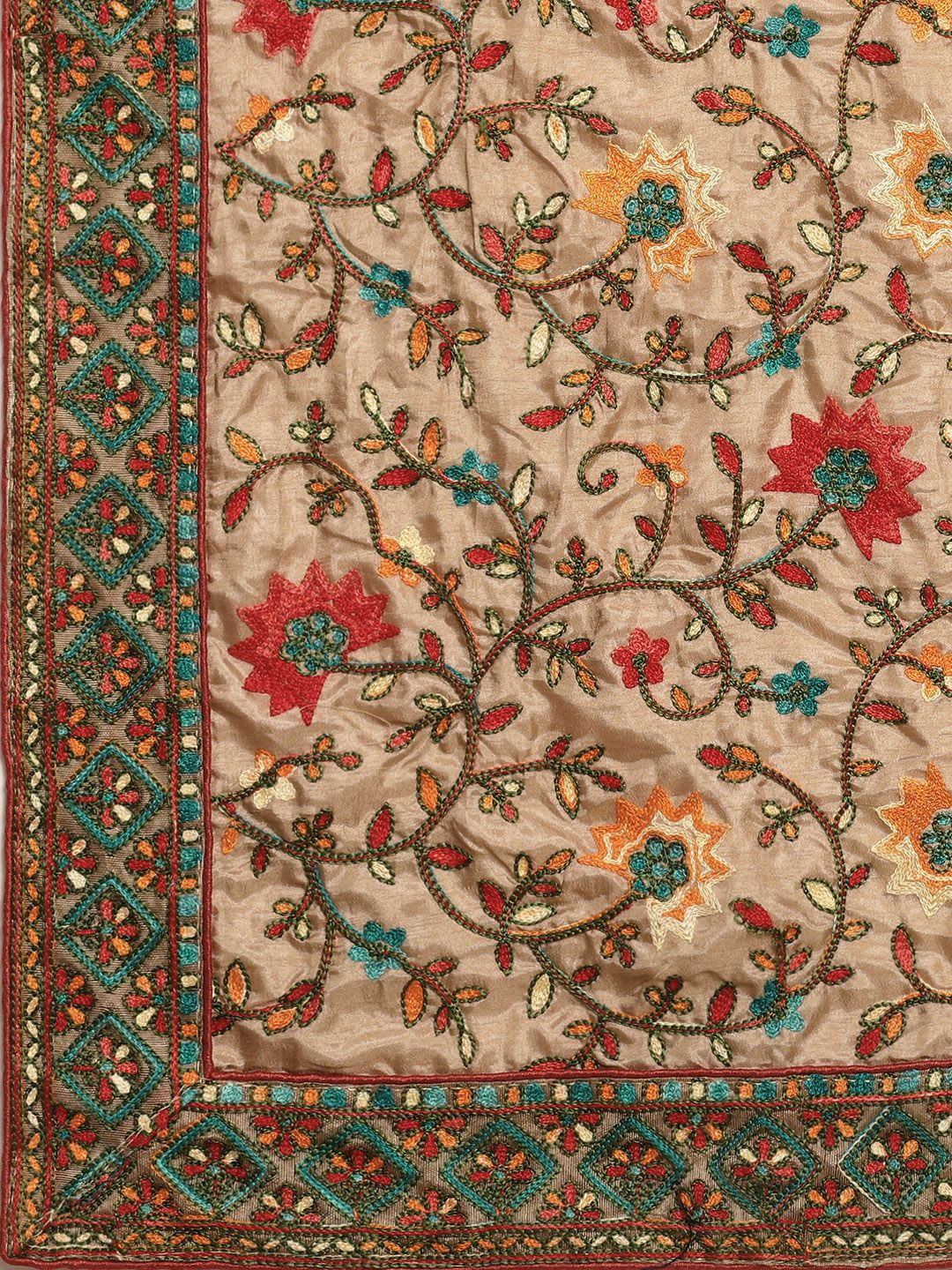 VAIRAGEE Beige & Olive Green Floral Embroidered Silk Blend Saree - left view
