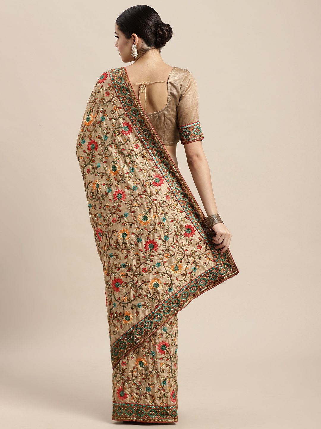 VAIRAGEE Beige & Olive Green Floral Embroidered Silk Blend Saree - back view