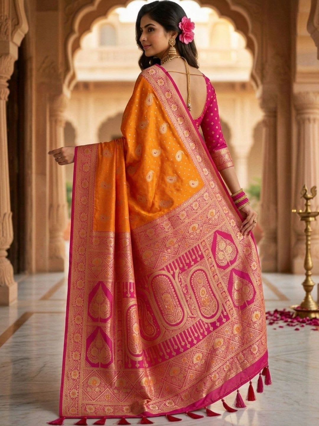 KALINI Orange Embellished Zari Art Silk Banarasi Saree For Women - back view
