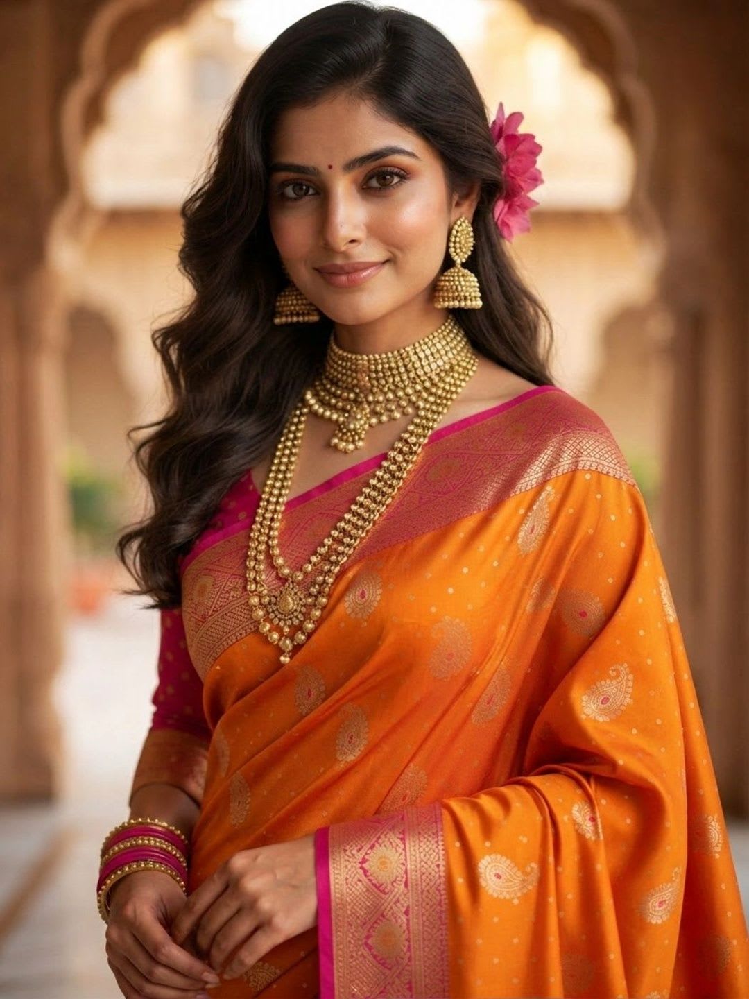 KALINI Orange Embellished Zari Art Silk Banarasi Saree For Women - left view