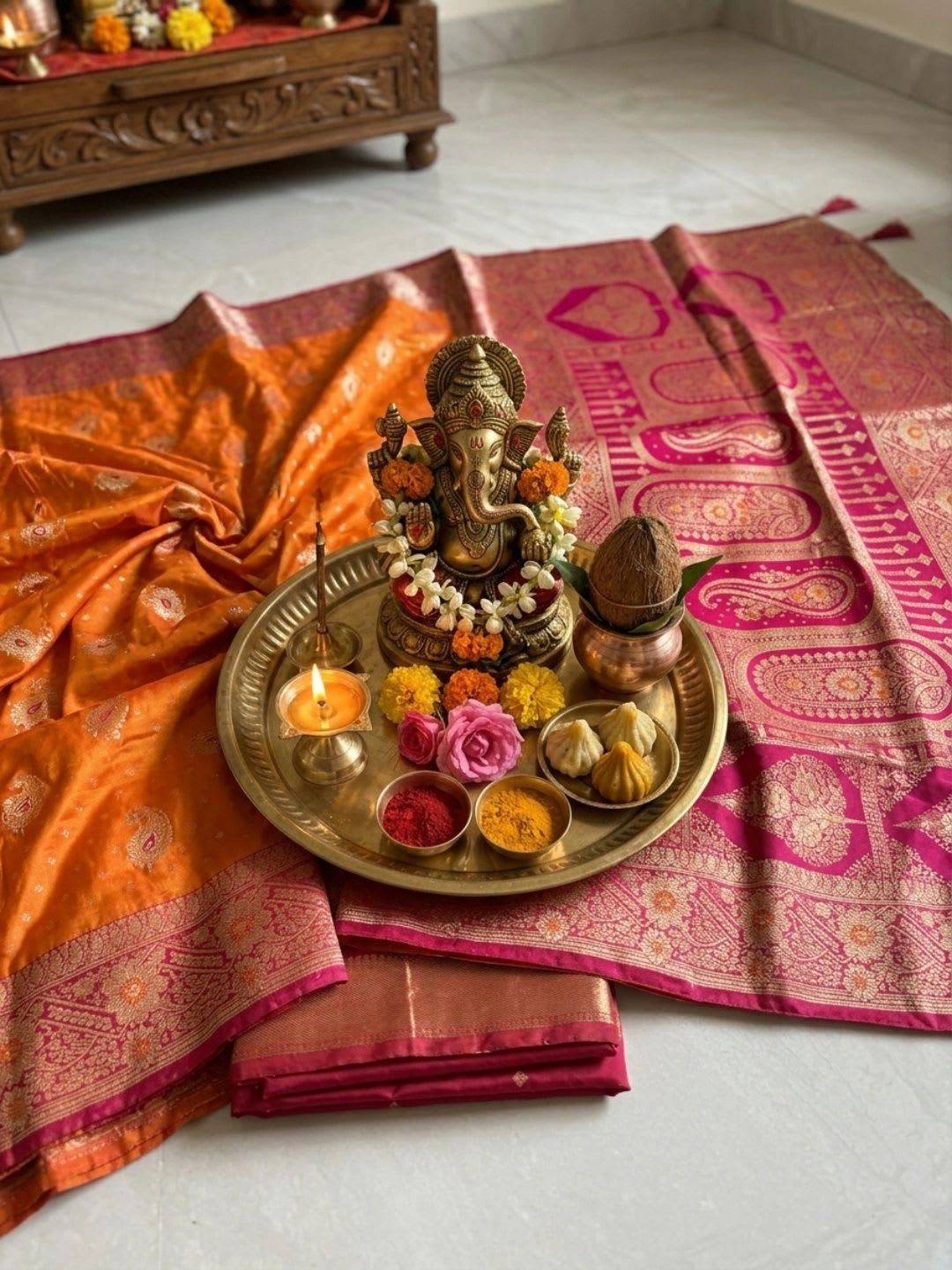 KALINI Orange Embellished Zari Art Silk Banarasi Saree For Women - right view